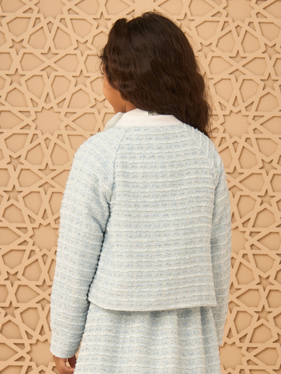 Pearl Embellished Tweed Jacket with Bow Tie