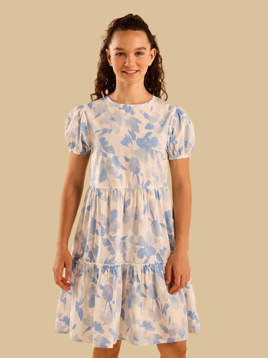Poplin Tiered Puff Sleeves Cotton Dress