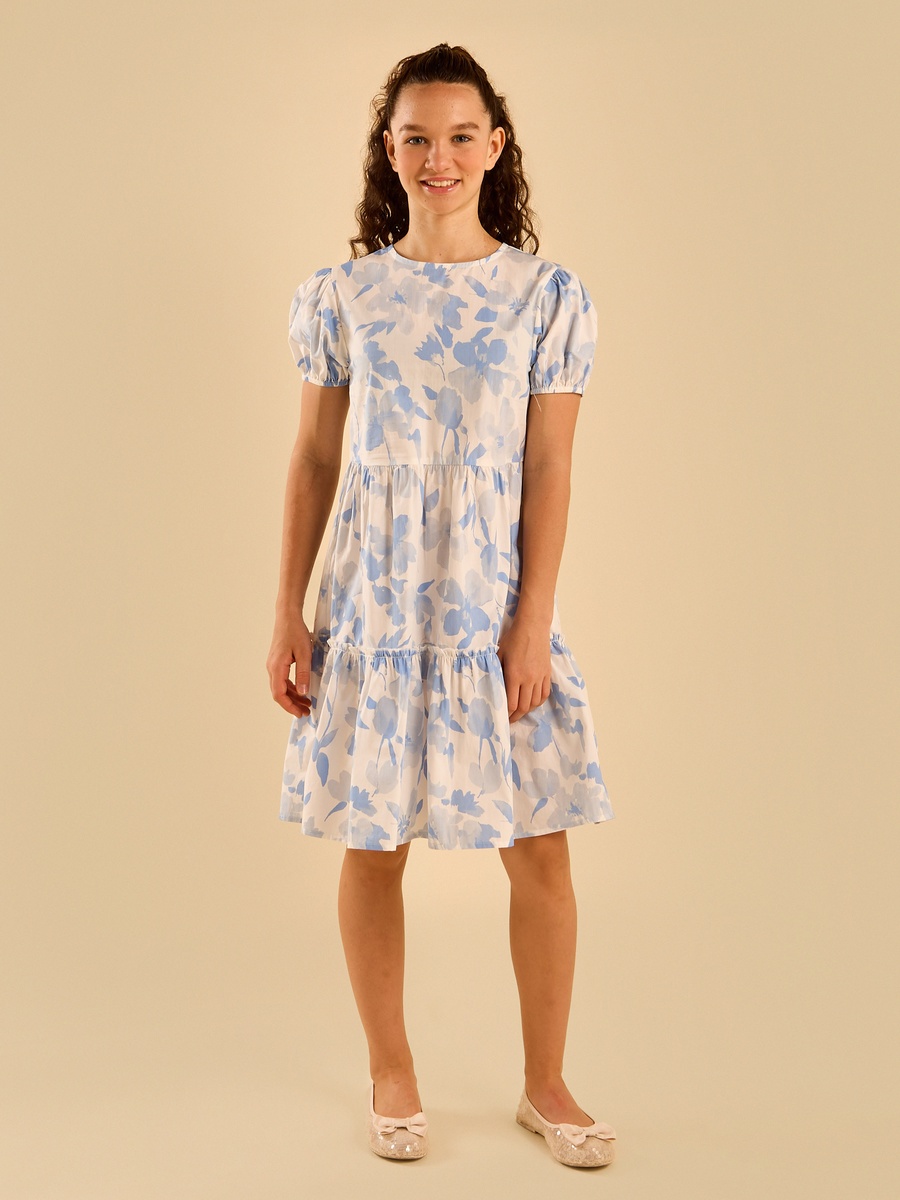 Poplin Tiered Puff Sleeves Cotton Dress