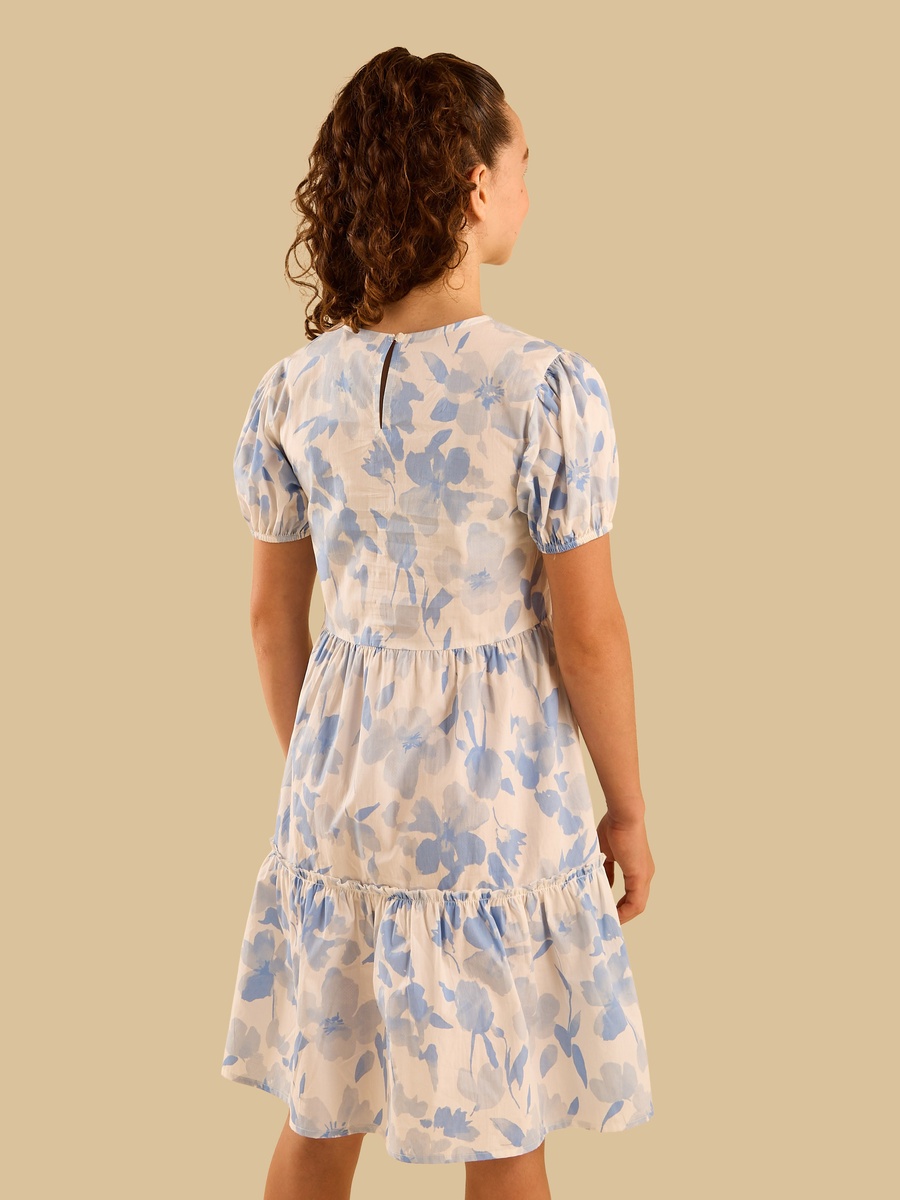 Poplin Tiered Puff Sleeves Cotton Dress