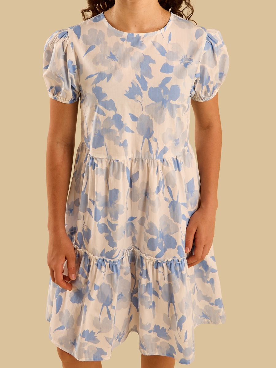 Poplin Tiered Puff Sleeves Cotton Dress