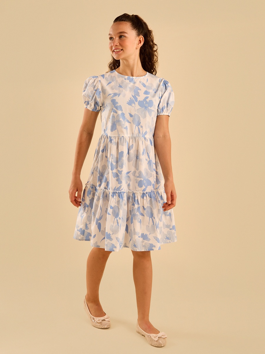 Poplin Tiered Puff Sleeves Cotton Dress