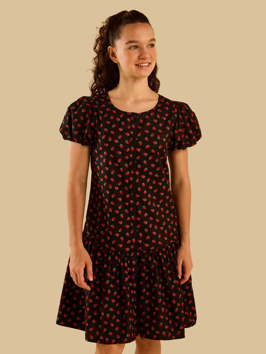 Printed A-Line Drop Waist Poplin Dress