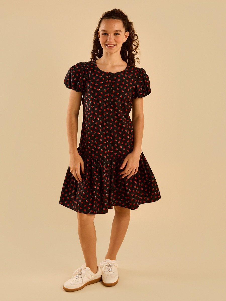 Printed A-Line Drop Waist Poplin Dress