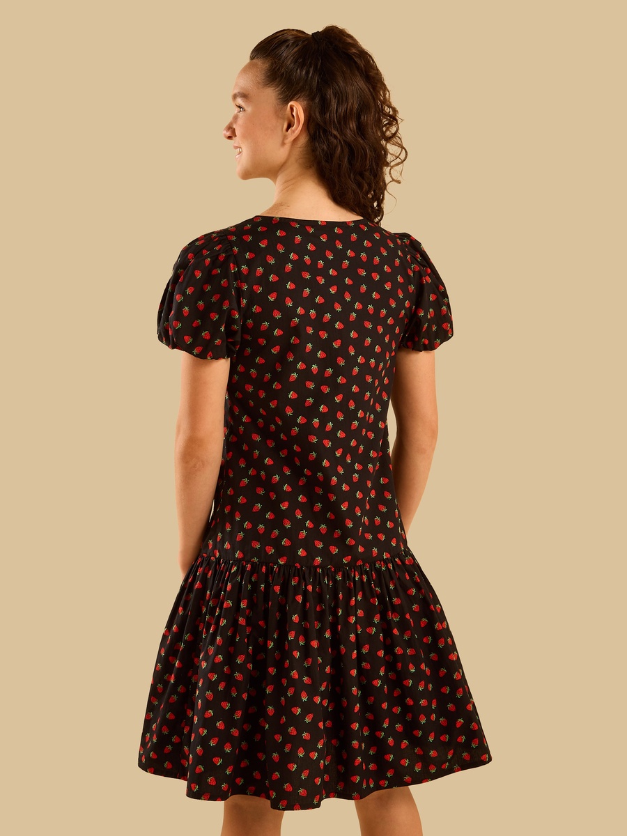 Printed A-Line Drop Waist Poplin Dress