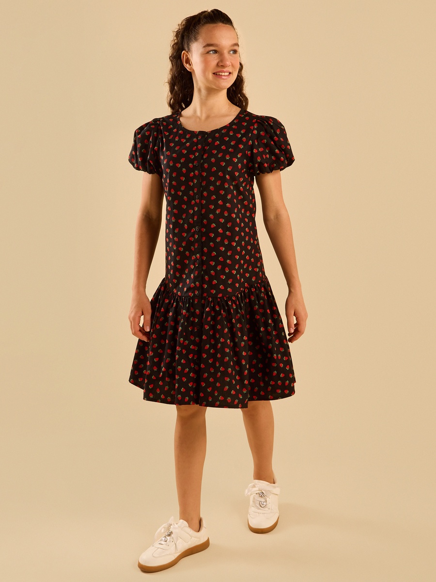 Printed A-Line Drop Waist Poplin Dress