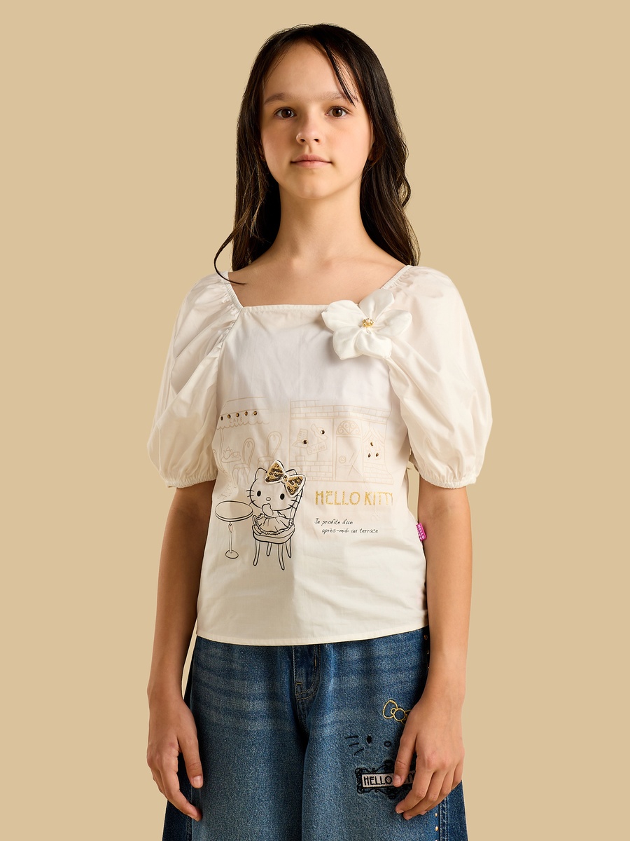 Hello Kitty Print Cotton Top With Puff Sleeves