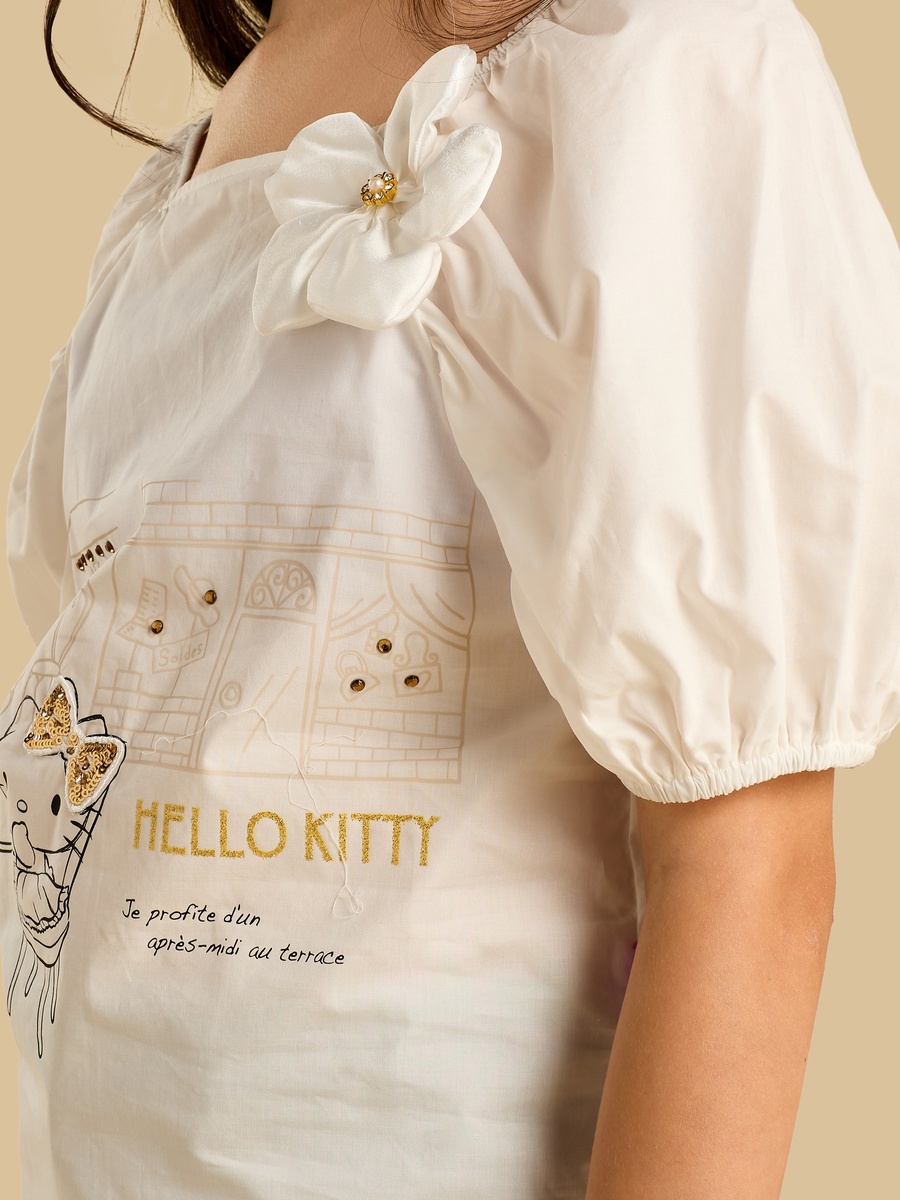 Hello Kitty Print Cotton Top With Puff Sleeves