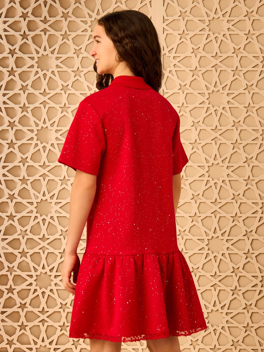 Foil Print Polo Dress with Lace Hem