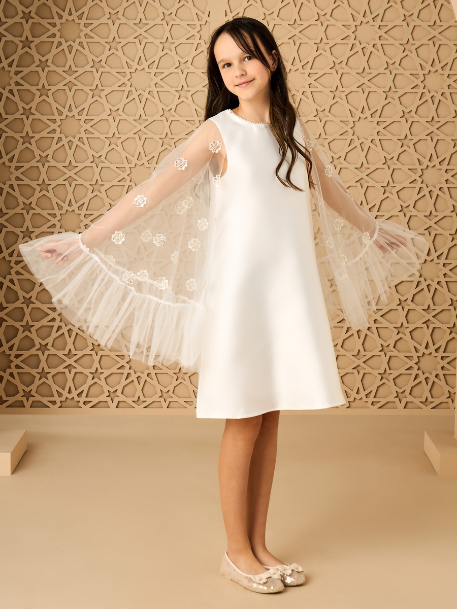 Embellished Shift Dress with Tulle Overlay