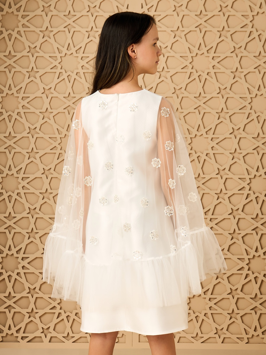 Embellished Shift Dress with Tulle Overlay