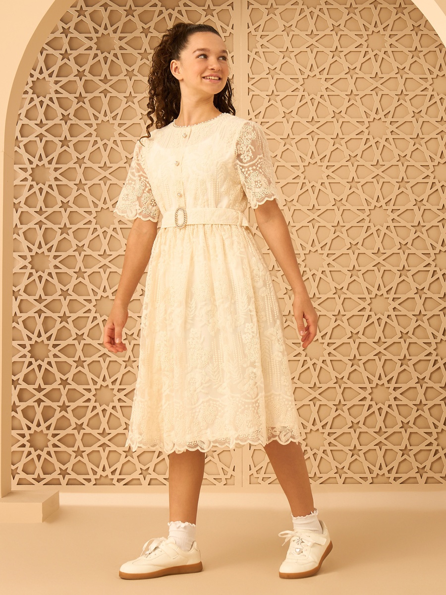 Lace Belted Dress with Puff Sleeves