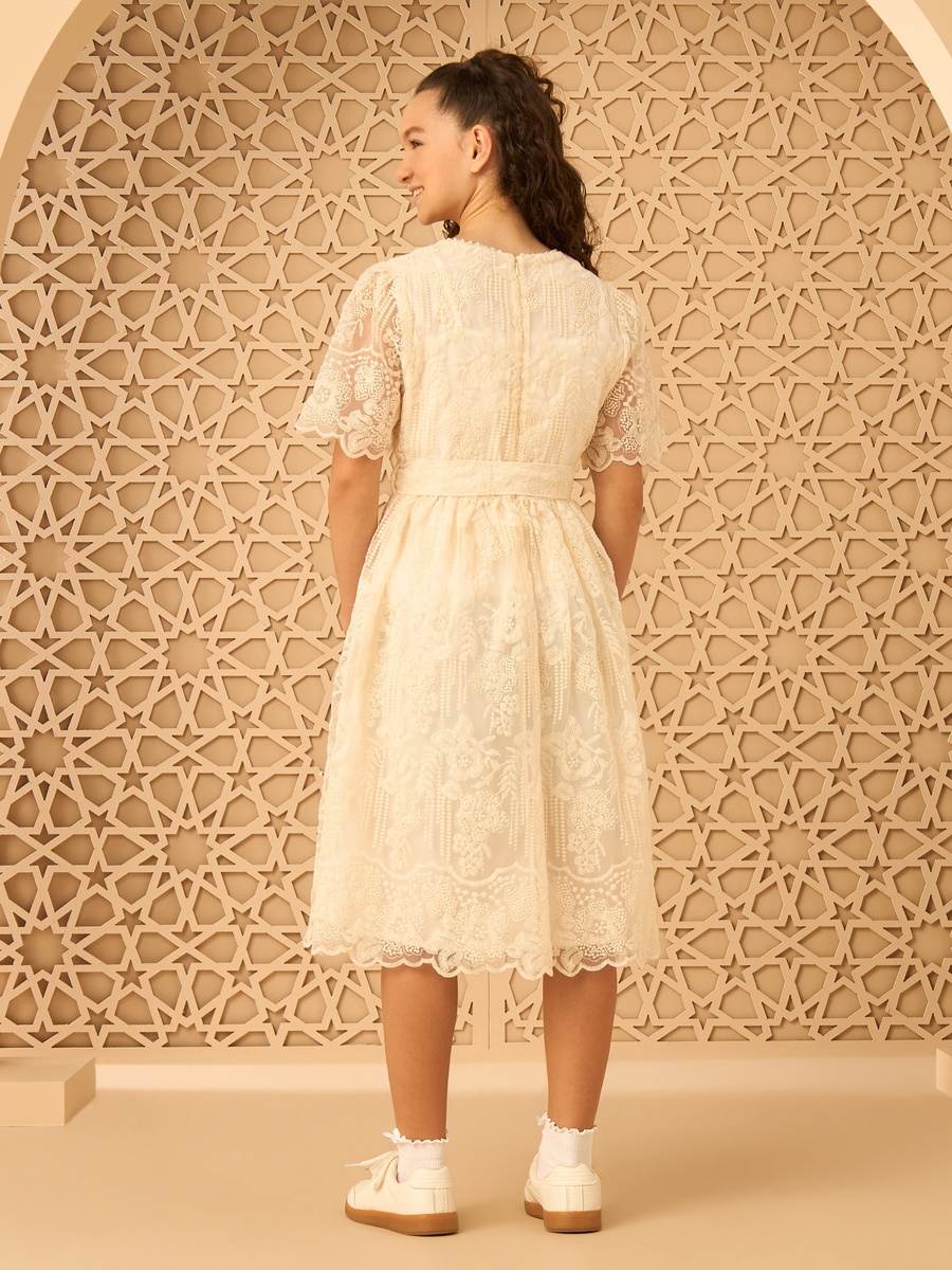 Lace Belted Dress with Puff Sleeves