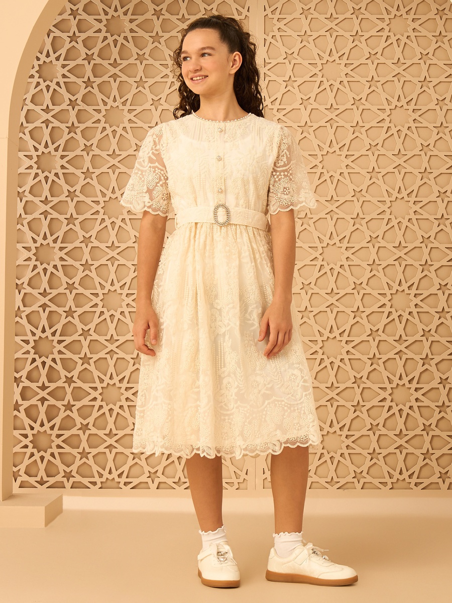Lace Belted Dress with Puff Sleeves