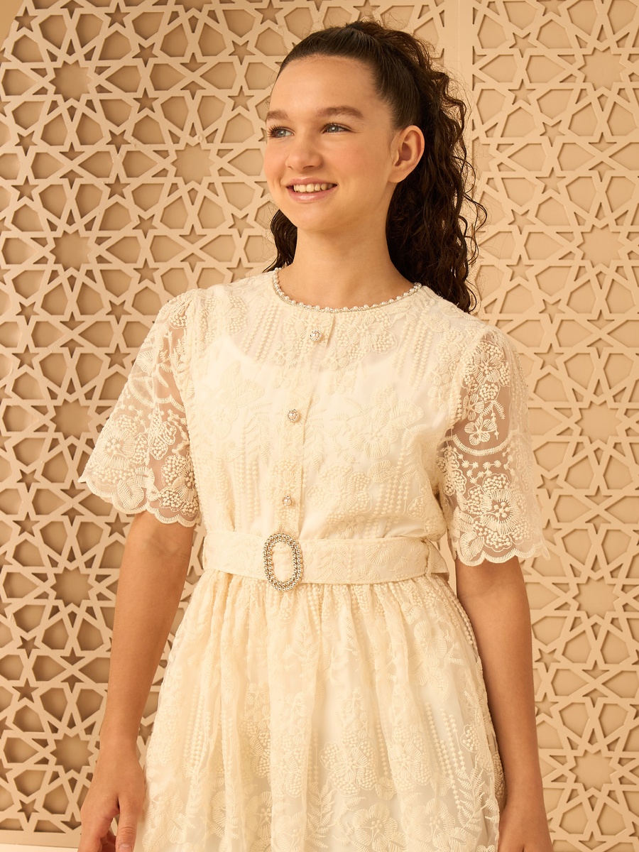 Lace Belted Dress with Puff Sleeves