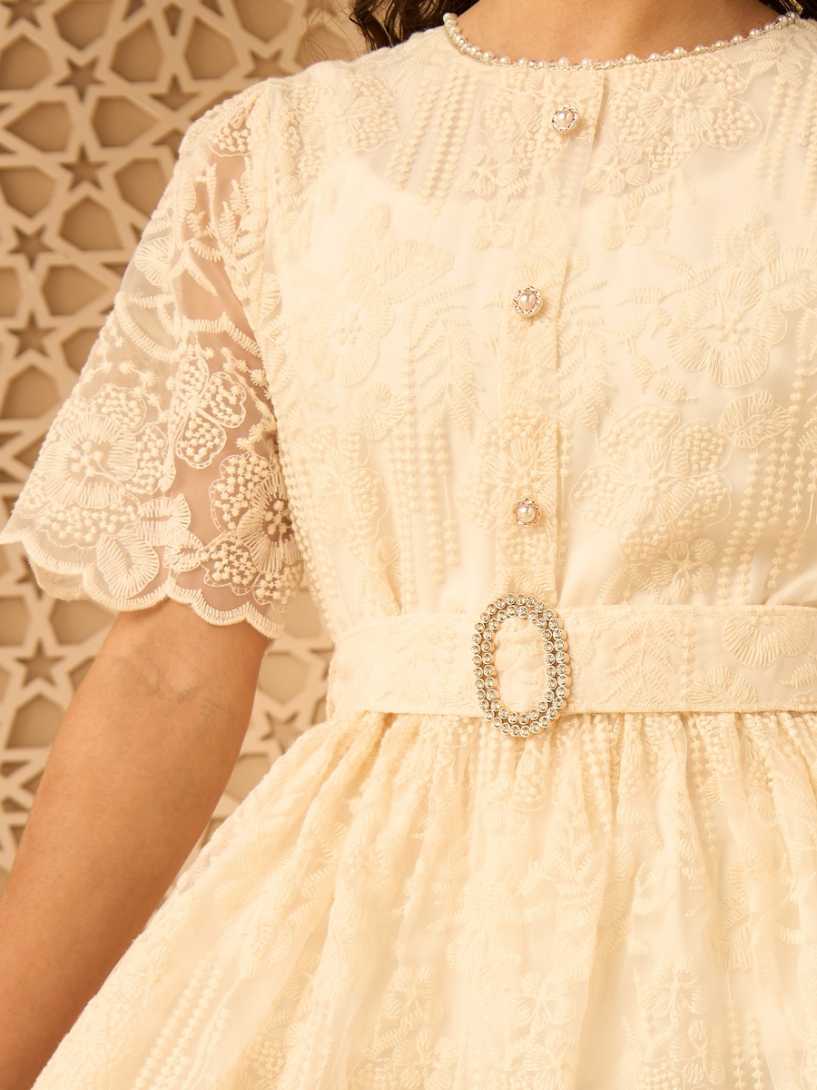 Lace Belted Dress with Puff Sleeves