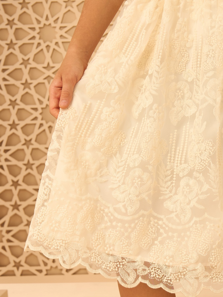 Lace Belted Dress with Puff Sleeves