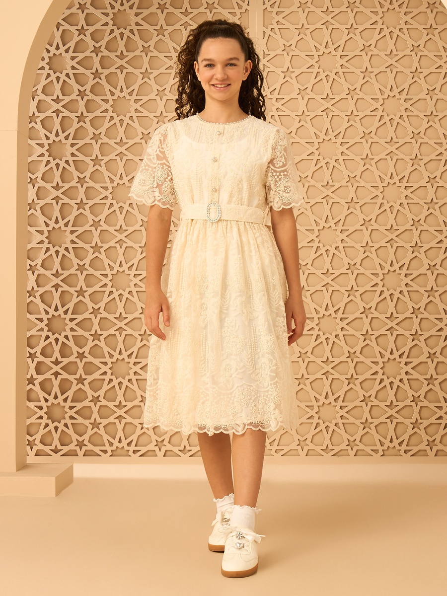 Lace Belted Dress with Puff Sleeves