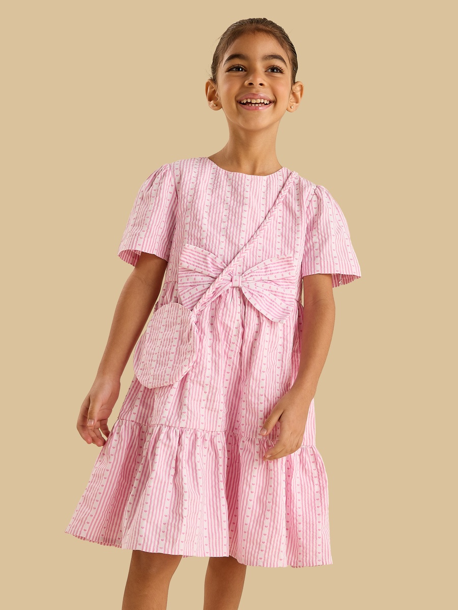 Pink Stripe Bow Dress With Bag