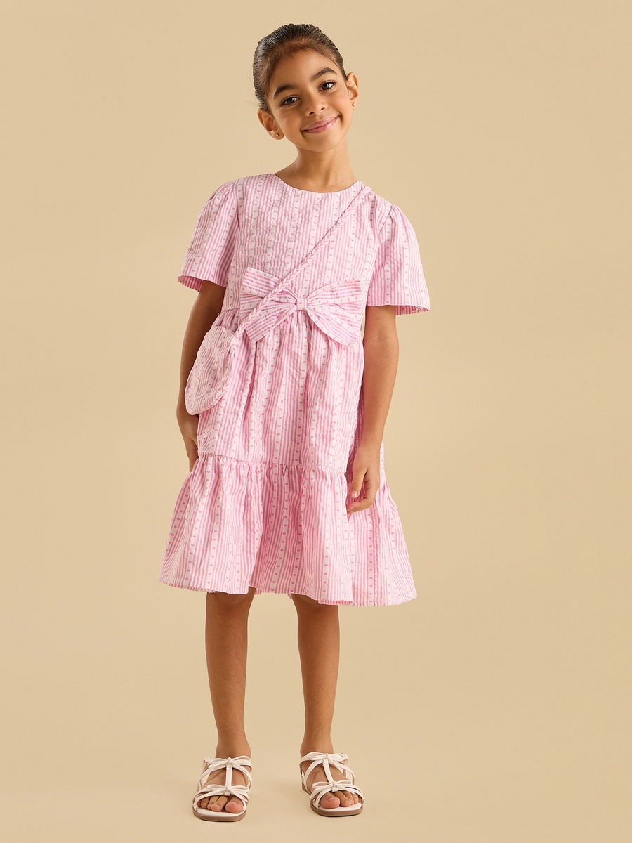 Pink Stripe Bow Dress With Bag