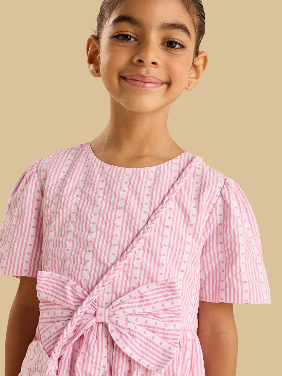 Pink Stripe Bow Dress With Bag