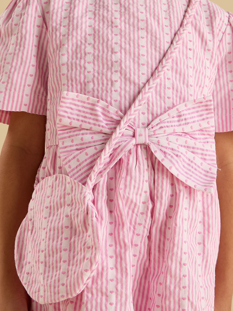 Pink Stripe Bow Dress With Bag