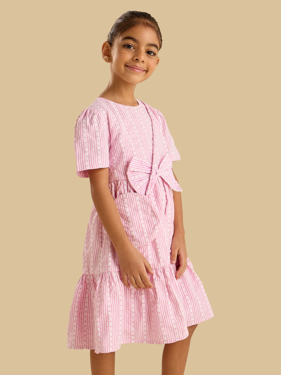 Pink Stripe Bow Dress With Bag