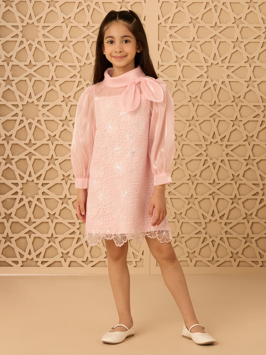 Lace A-Line Dress with Organza Neck Tie-Up