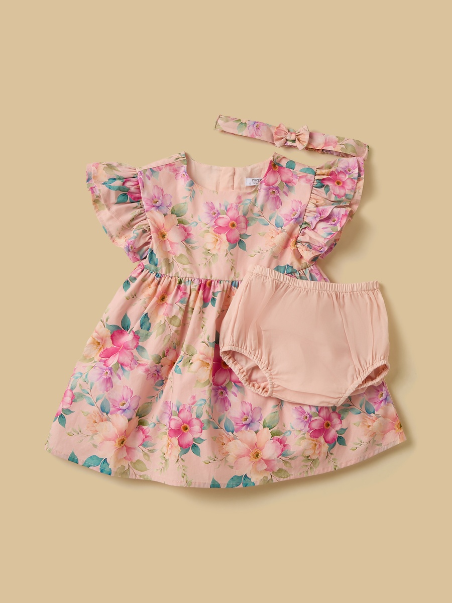 Floral Print Cotton Dress with Bloomer and Hairband