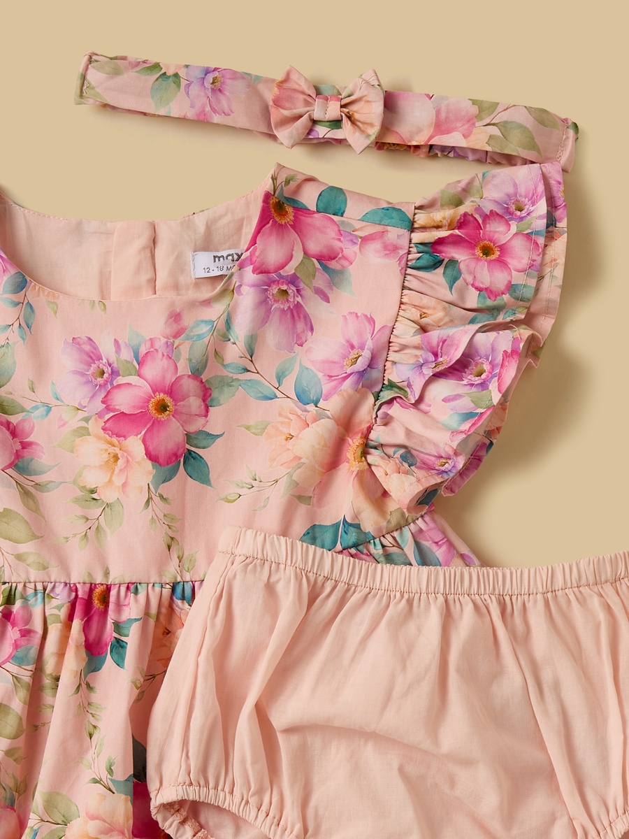 Floral Print Cotton Dress with Bloomer and Hairband