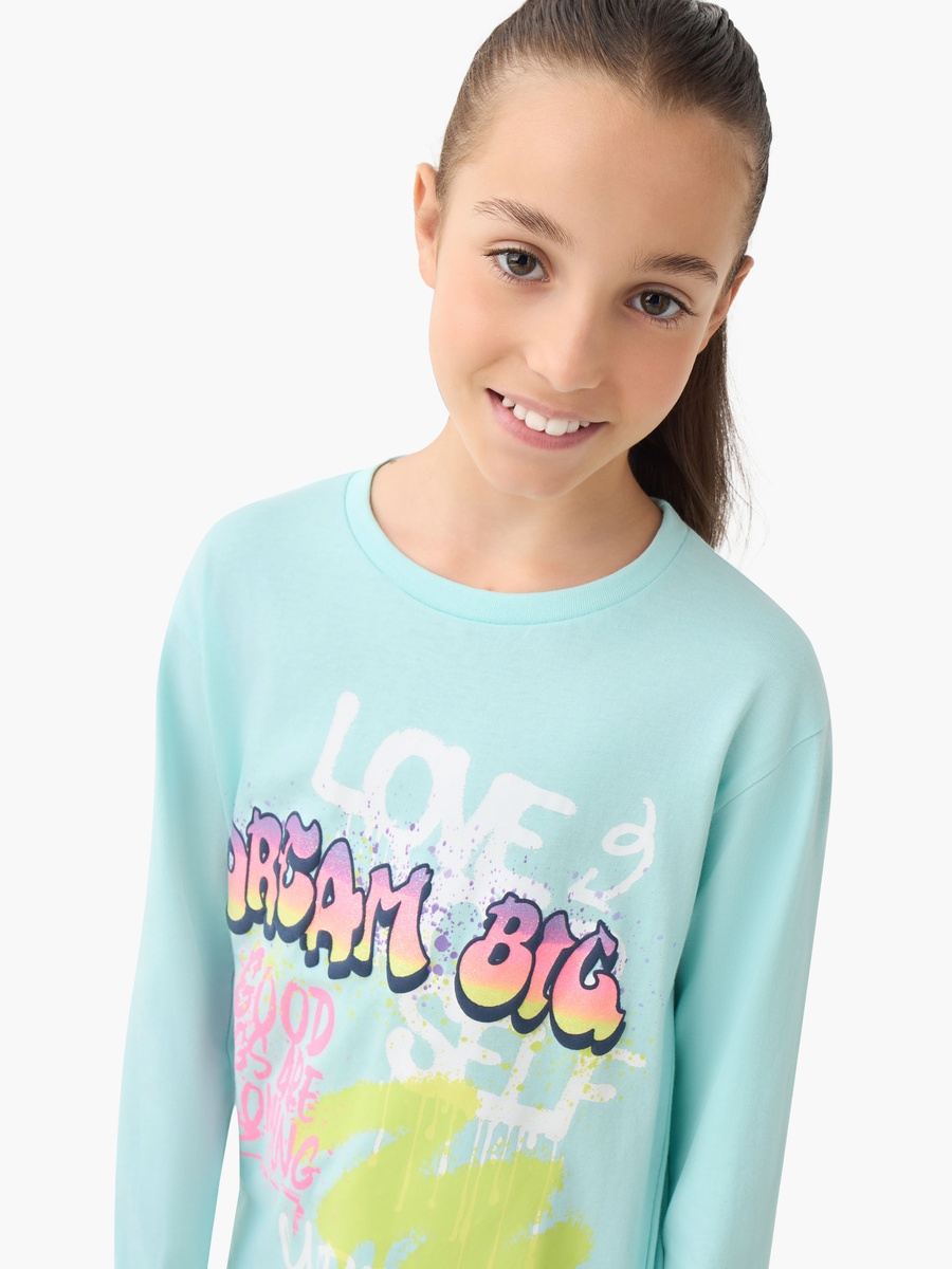 Crew Neck Long Sleeves T-Shirt with Graffiti Print
