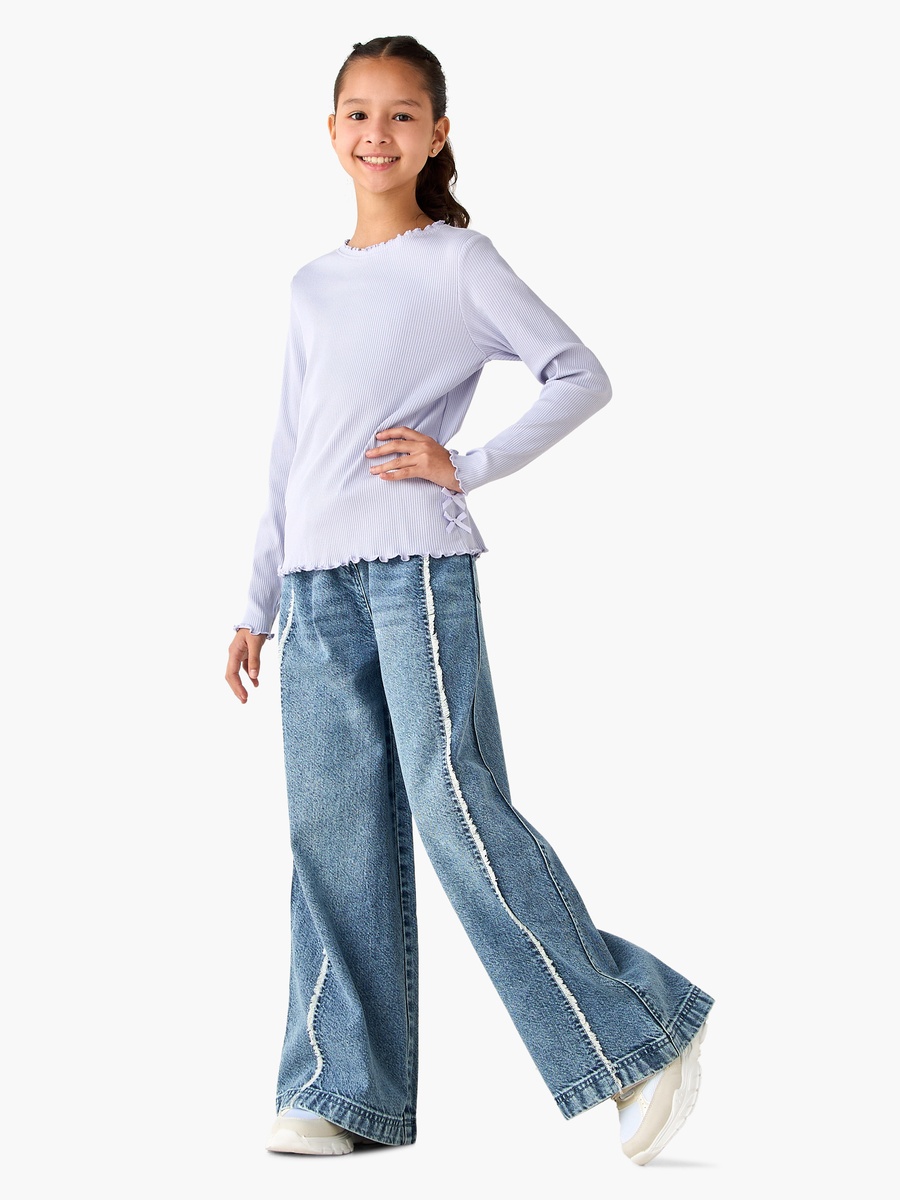 تيشيرت بياقة مستديرة وأكمام طويلة بتصميم مضلع مع فيونكة