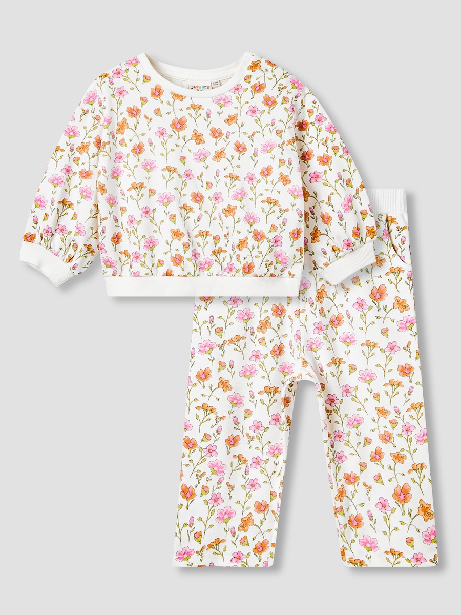 Crew Neck Long Sleeves Sweatshirt and Pants Set with Floral Print