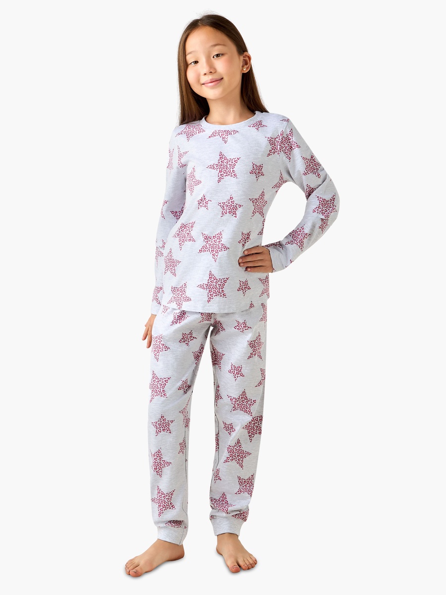 Cotton Round Neck Long Sleeve Pyjama Set with Star Print
