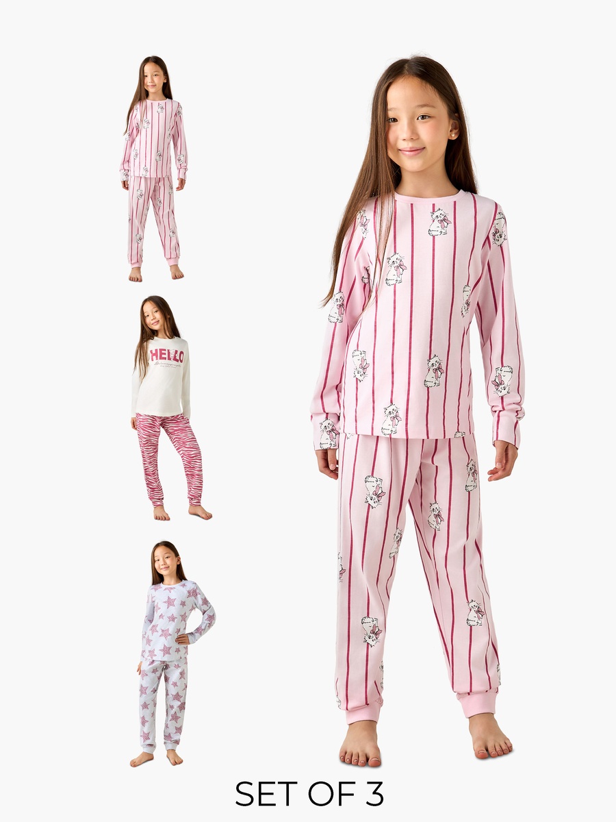 Pack of 3 Round Neck Long Sleeve Pyjama Set with Print