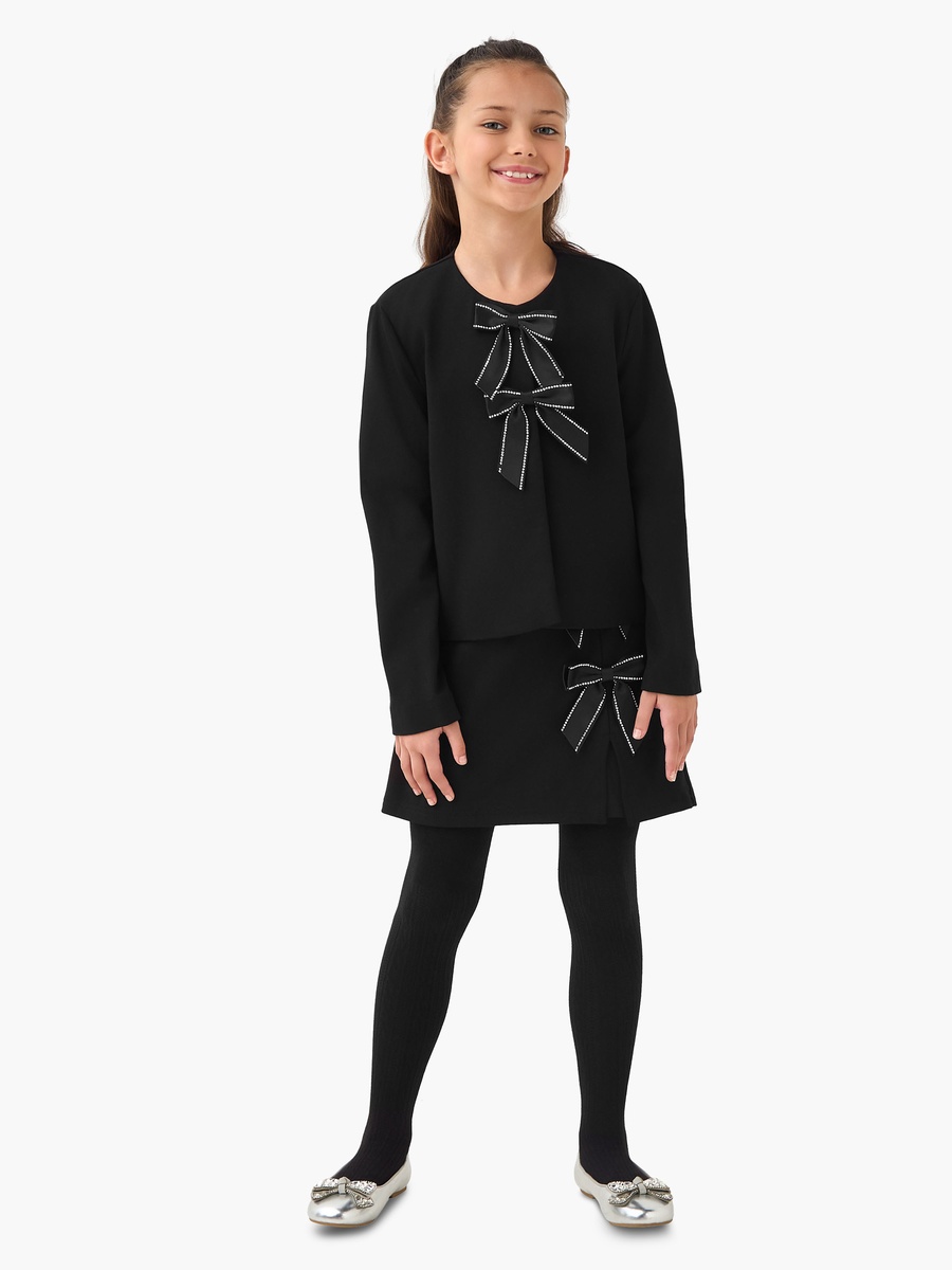 Round Neck Long Sleeves Top and Skirt Set with Bow Accent