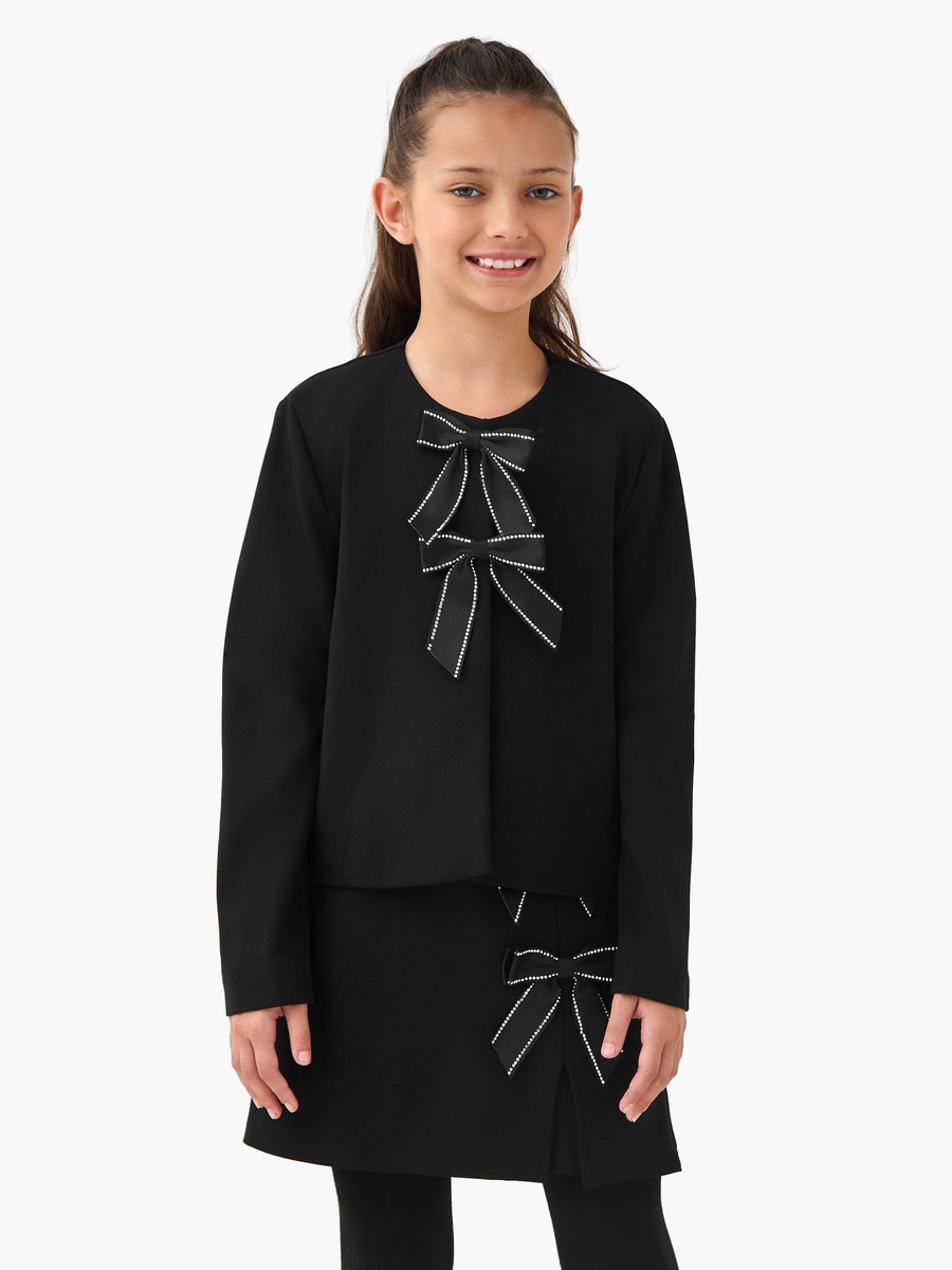 Round Neck Long Sleeves Top and Skirt Set with Bow Accent