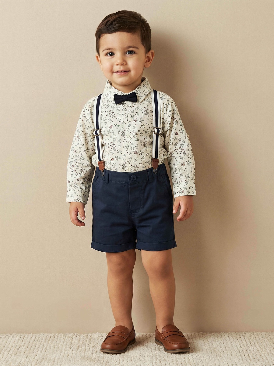Collared Short Sleeve Shirt and Shorts Set with Bow and Suspenders