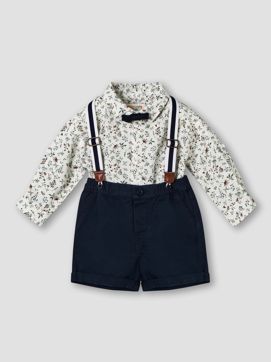 Collared Short Sleeve Shirt and Shorts Set with Bow and Suspenders