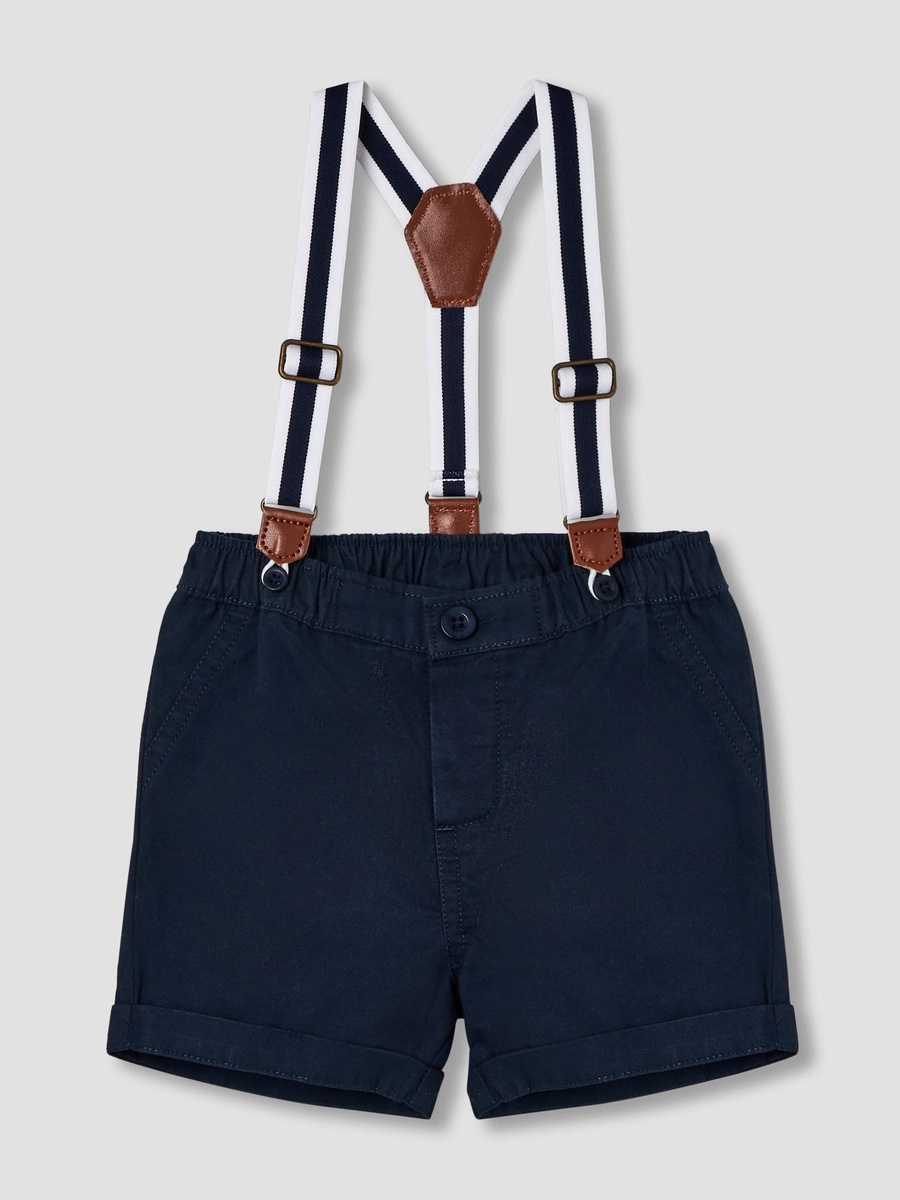 Collared Short Sleeve Shirt and Shorts Set with Bow and Suspenders
