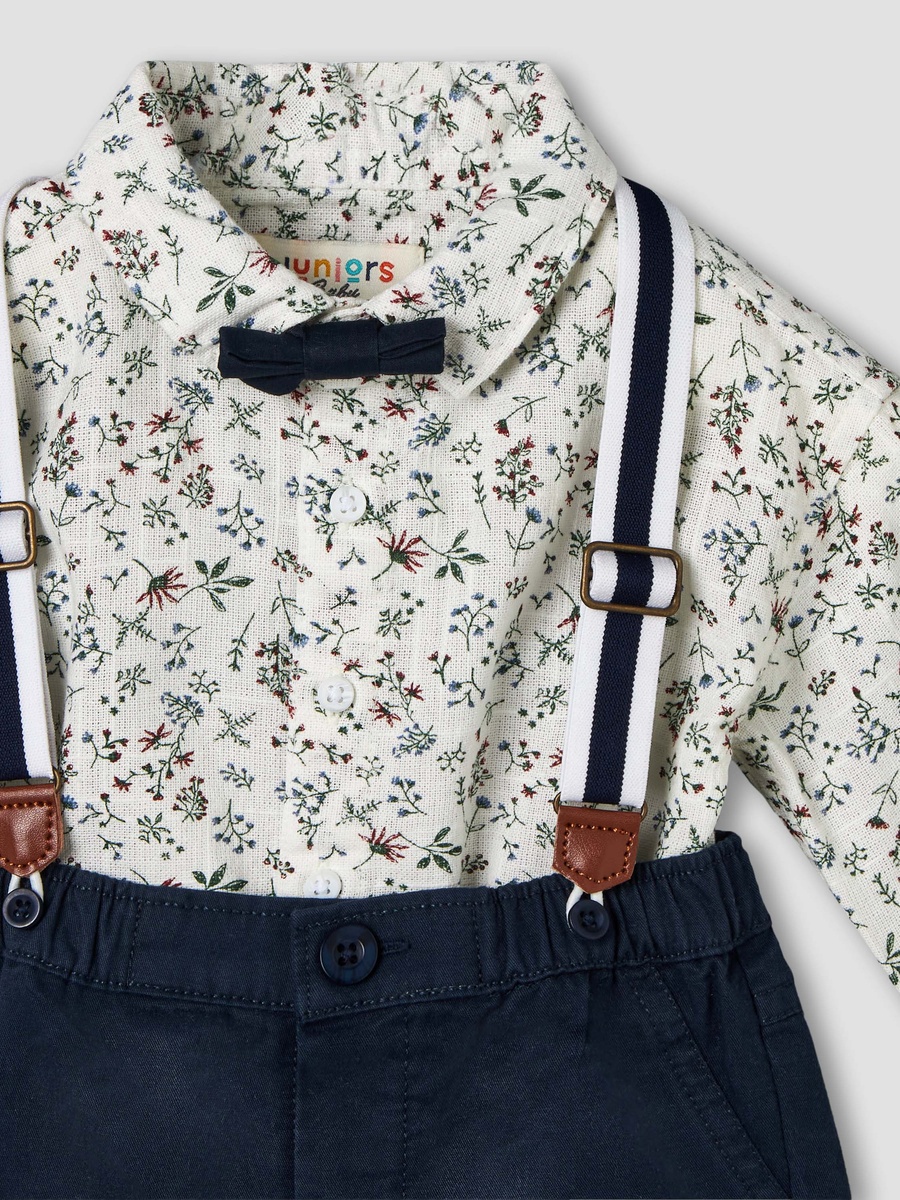 Collared Short Sleeve Shirt and Shorts Set with Bow and Suspenders