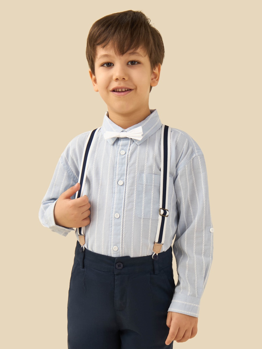 Collared Long Sleeves Suspender Shirt and Shorts Set with Stripe Embroidery