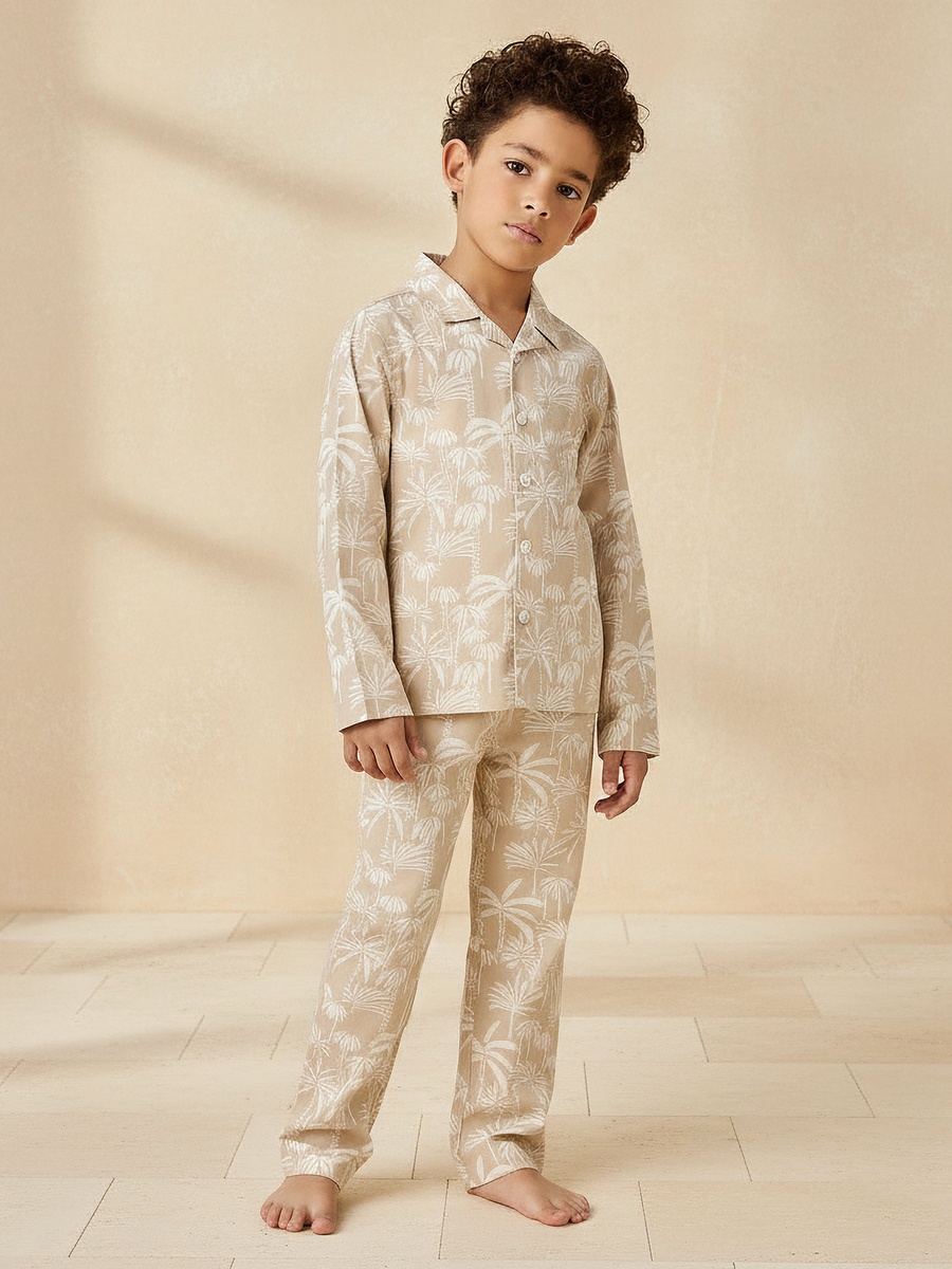 Collared Long Sleeves Pyjama Set with Palm Tree Print