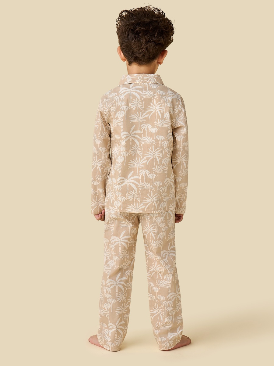 Collared Long Sleeves Pyjama Set with Palm Tree Print