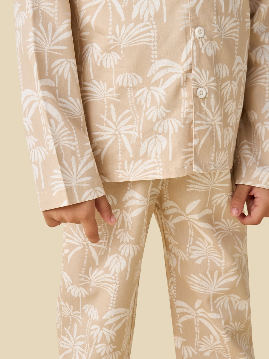 Collared Long Sleeves Pyjama Set with Palm Tree Print