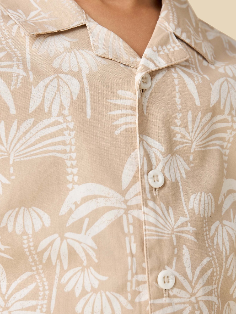 Collared Long Sleeves Pyjama Set with Palm Tree Print