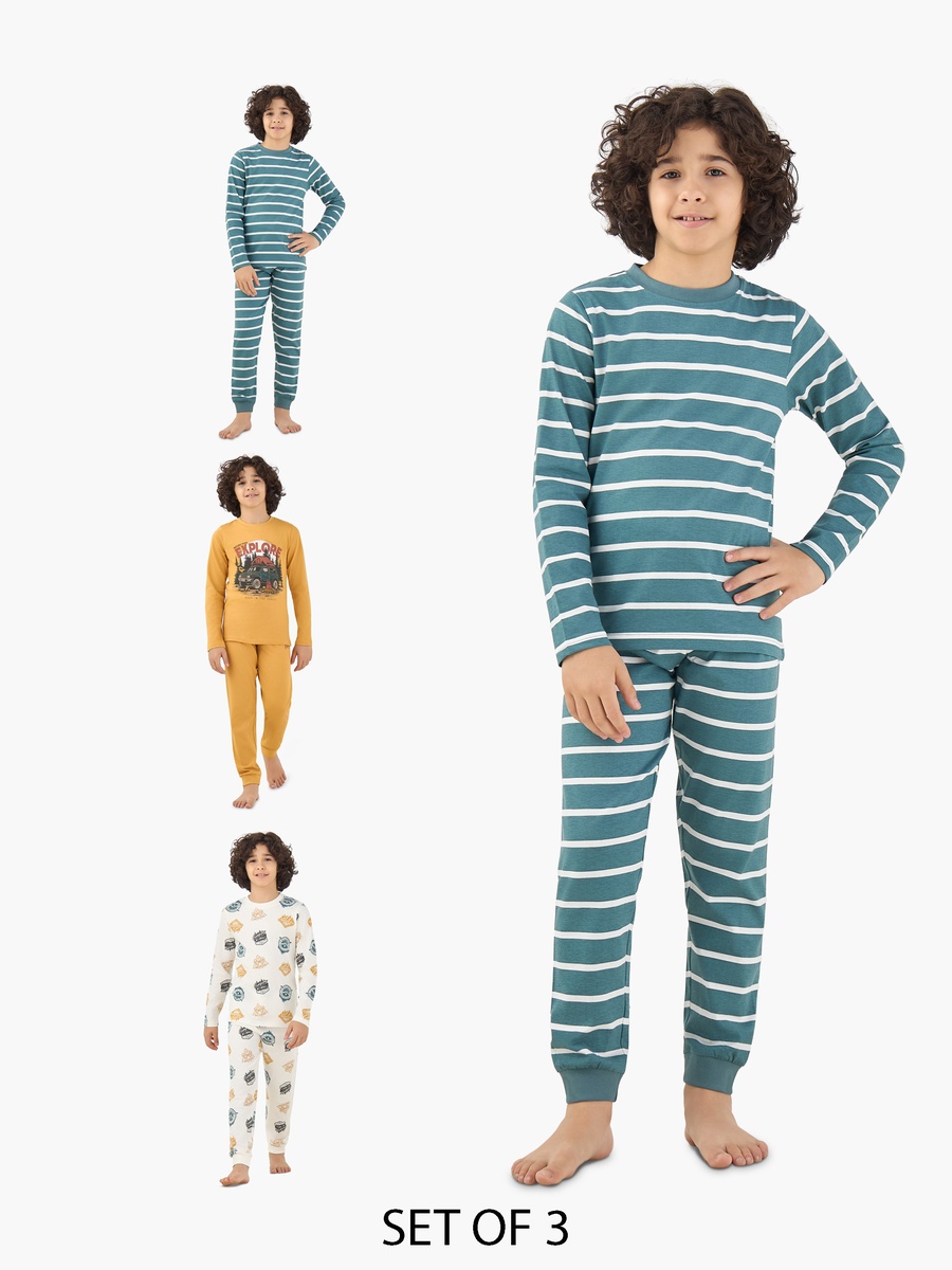 طقم بيجاما قطنية بأكمام طويلة وياقة ضيقة بطبعات مرحة 3 قطع