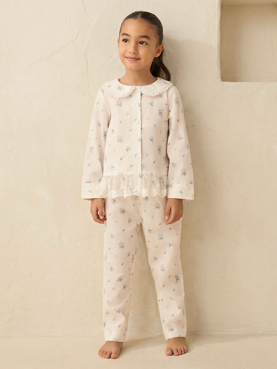 Cotton Peter Pan Collar Long Sleeve Pyjama Set with Floral Print