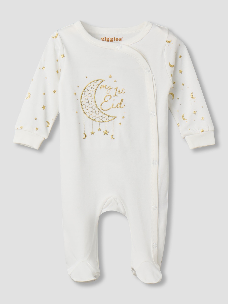 Cotton Round Neck Long Sleeve Sleepsuit with Snap Button Closure