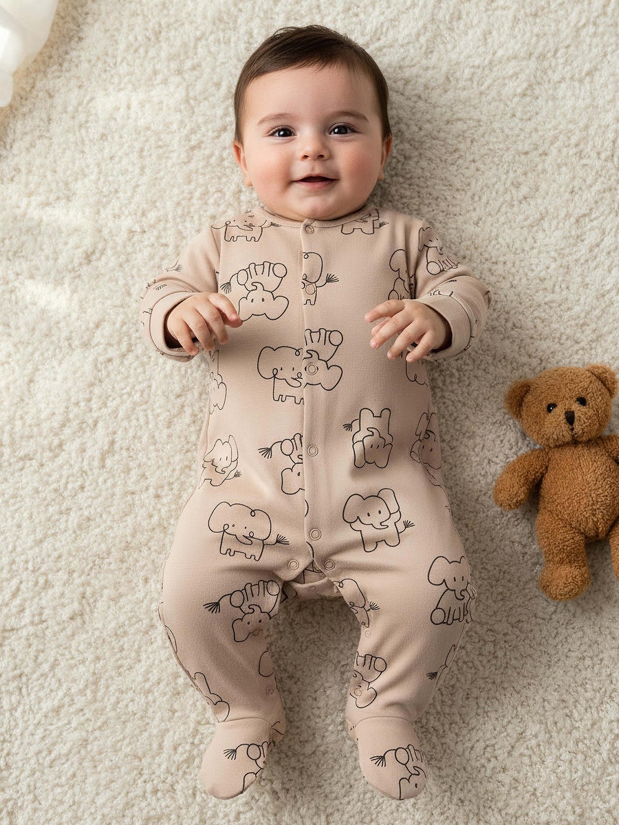 Pack of 2 Cotton Round Neck Long Sleeves Sleepsuit with Elephant Print